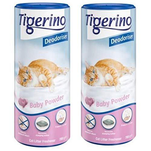 Tigerino Deodorizer Babypuder 2 x 700 g pudriger blumiger Duft mit Vanille Jasmin und Veilchen abgerundet mit Iris und Zedernholz Streu Deodorierer mit feinem Granulat aus natürlichem Ton