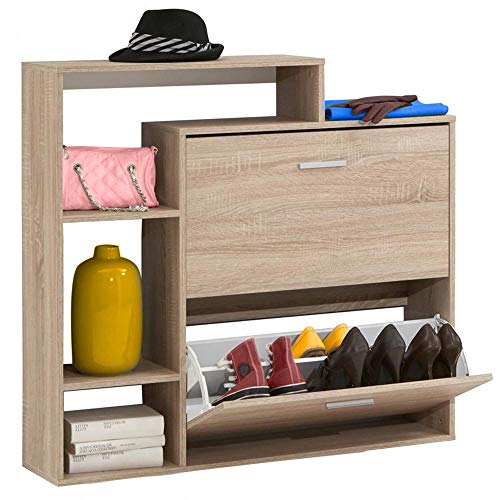BAKAJI platzsparend schmal Bücherregal 4 Ablagen MDF 2 Klapptüren und doppelte Tiefe Abmessungen 102x 25x 98 cm modernes Design Eiche