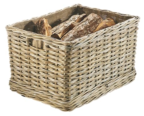 Kobolo Kaminholzwagen mit Rollen Holzkorb für Kaminholz - Rattan - mit Innenfutter aus Leinen