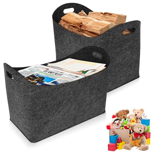 QEENTOE Holzkorb für Kaminholz Kaminholzkorb für Kamin Brennholz Holzkörbe Kaminholz Aufbewahrung Innen Feuerholzkorb Faltbar Filzkorb mit Griff Holzkorb Filz für Holz Spielzeug - 2 Stück Dunkelgrau