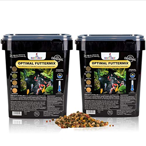 HAPPYKOI Optimal Mix - Spezial Koi Fisch Futter Futtermix ausgewogen für Wachstum Farbe mit Spirulina Gammarus - 20 6 Liter 2X 10 3 Liter Eimer Pellet 3 bis 6 mm