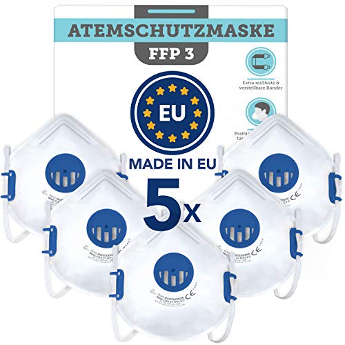 BEMS MEISTERWERK FFP3 Maske Wiederverwendbar 5 STK. Made in EU EN149 2001 A1 2009 Premium Atemschutzmaske mit Ventil