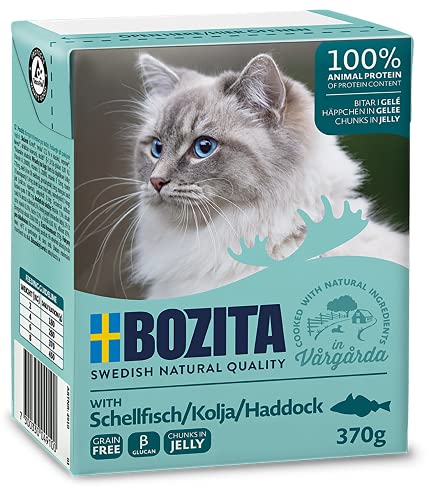 Bozita Häppchen in Gelee Nassfutter mit Schellfisch im Tetra Recart 16x370g - Getreidefrei - nachhaltig produziertes Katzenfutter für erwachsene Katzen - Alleinfuttermittel