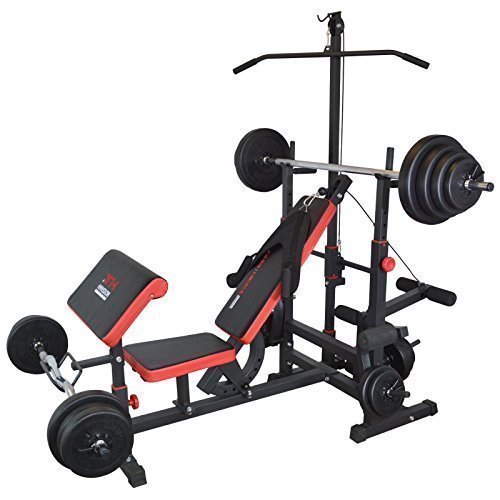 Multifunktion Hantelbank Kraftstation inkl. Latzug Bauchtrainer Armcurl und Beincurl mit Hantelset aus Langhantel Curlhantel und Stange Gewichten 50kg bis 160kg 100 kg Lang- Curlhantel