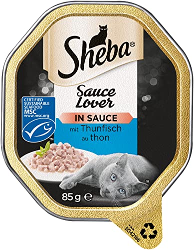 Sheba Sauce Lover Feine Thunfischhäppchen MSC mit Sauce für ausgewachsene Katzen 22 x 85g Katzennahrung in der Schale