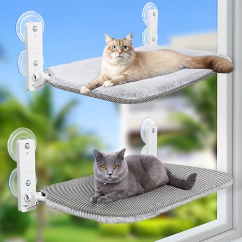 GUUSII HOME 2PCS Katzen Fensterliege Hängematte Fenster Katzenbett Fensterbank Katzenliege Faltbare Fensterplätze Kabelloses Katzenhängebett mit Starken Saugnäpfen 52 30cm Hält 25kg Hellgrau M