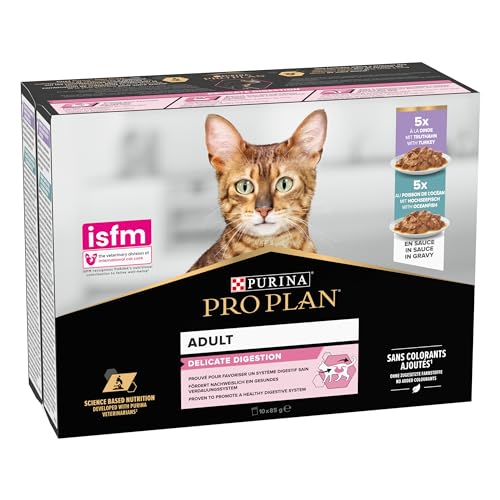 Purina Pro Plan Nassfutter für Erwachsene Katzen Delikatesse reich an Truthahn und Fisch 4 Packungen 10 Beutel 85 g