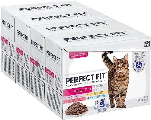 Perfect Fit Adult 1 Katzennassfutter Auswahl mit Lachs Hochseefisch Rind und Huhn 48 Portionsbeutel 12x85g 4er Pack Premium Katzenfutter nass für erwachsene Katzen ab 1 Jahr