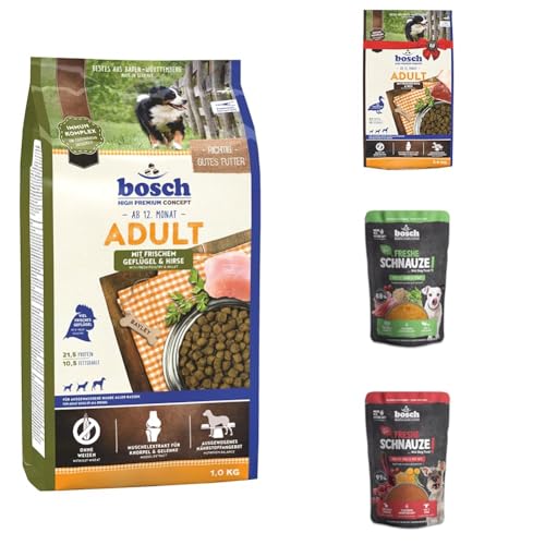 bosch HPC Adult mit frischem Geflügel Hirse HPC Adult mit Ente Reis 3kg Freshe Schnauze Pute mit Quinoa und Spinat Freshe Schnauze Rind mit Hirse und Rote Bete 250 g Hundenassfutter trocken