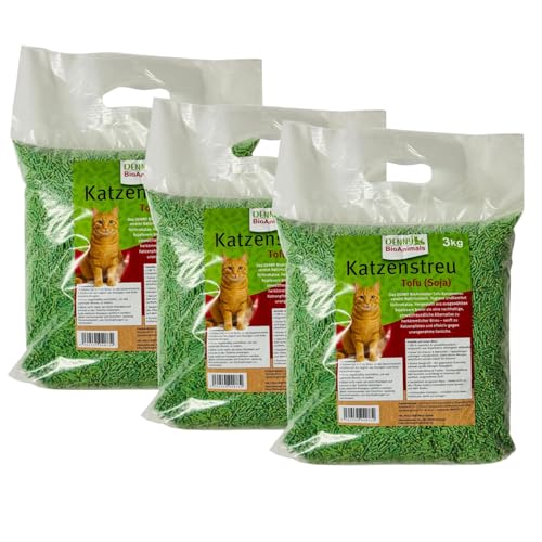 Denny BioAnimals Tofu Katzenstreu 9 kg 24L 3 Säcke je 3 kg Schnell klumpend staubfrei 100% pflanzlich biologisch abbaubar Leichtes Klumpstreu Geruchskontrolle im WC entsorgbar.