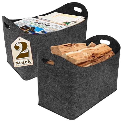 Suusolny 2PCS Holztasche aus Filz Holzkorb für Kaminholz Feuerholzkorb mit Griff für Brennholz Zeitungen Kaminholzkorb Faltbar Brennholzkorb Multifuktionale für Einkaufen Spielzeug - Dunkelgrau