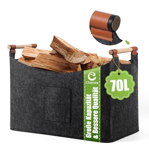 Ciberate Brennholzkorb Holzkorb extra dicker Filz und verstärkter Griff Faltbarer Filzkorb Filztasche als Aufbewahrungskorb für Holz Einkauf XXL 70L 55x32x40cm