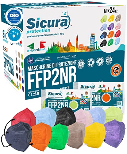 24 FFP2 Maske bunt CE zertifiziert farbig Made in Italy BFE 99% Mix 12 Farben Blau Orange Rot Schwarz Blau Grün Apfelgrün Gelb Turteltauben Lila Pink Lavendel