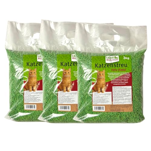 Tofu Katzenstreu 9 kg 3 Säcke je 3 kg 24 L 100% natürlich biologisch abbaubar Ultra saugstark klumpend staubfrei geruchsneutral nachhaltige Katzenstreu aus Pflanzenfasern.