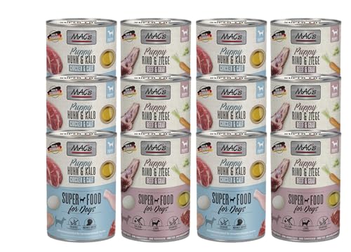 Mac s Dog Puppy 12 x 400g 2 Sorten Mix Getreidefreies Nassfutter für Welpen schonende Zubereitung bietet Ihrem Welpen Alles an Nährstoffen Vitaminen und Mineralien