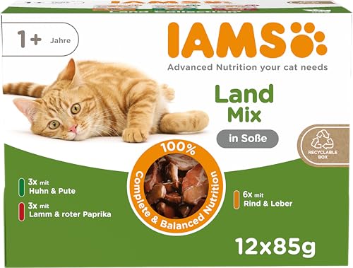 IAMS Delights Land Collection Katzenfutter Nass   Multipack mit Fleisch Sorten Lamm Rind Huhn Pute in Sauce Nassfutter für Katzen ab 1 Jahrx 85g
