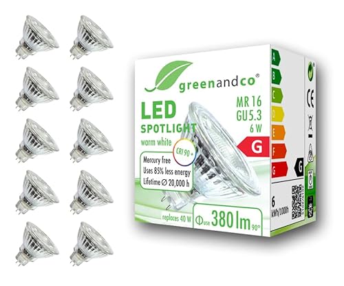 greenandco 10x CRI 90 MR16 GU5.3 LED Spot 6W 380 lm 3000K warmweiß 36 12V AC DC nicht dimmbar