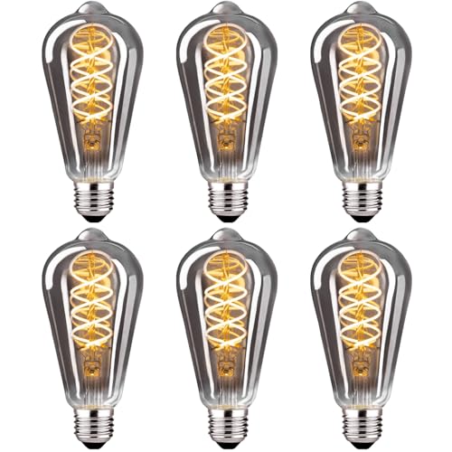 Edison Vintage Glühbirne E27 E27 LED Vintage Dimmbar ST64 6W Retro Glühbirne LED Filament Lampe Warmweiß Ideal für Nostalgie und Retro Beleuchtung im Haus Caf Bar Rauchgrau Glas- 6 Stück 3PBT1