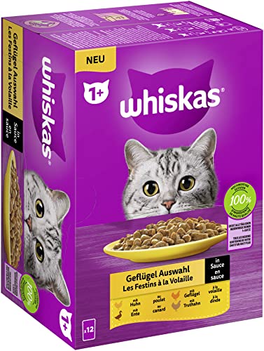 Whiskas 1 Katzenfutter Geflügel Auswahl in Sauce 12x85g 1 Packung Hochwertiges Nassfutter für ausgewachsene Katzen in 12 Portionsbeuteln