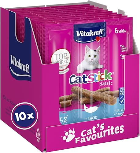 Vitakraft Cat Stick Classic Katzen Leckerli fleischiger Stick mit Lachs Vorratsgröße ohne Zusatz von Zucker 10x 36g