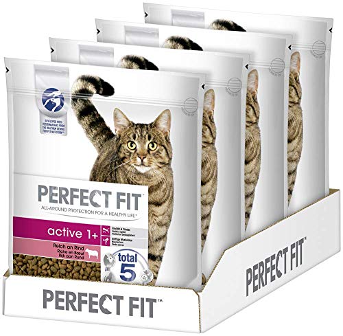 Perfect Fit Active 1 Trockenfutter für erwachsene aktive Katzen ab 1 Jahr Reich an Rind Unterstützt die Vitalität 4 x 1 4 kg