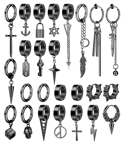 Diamday 25 Stück Ohrclips für Herren   Kreuz Kette Baumeln Schwarz Huggie Non Pierced Punk Gothic Kpop Set Fake