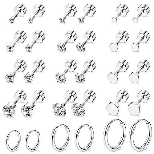 JeweBella 15 Paar Kleine Ohrringe Damen Set Silber Gold Edelstahl Winzige Ohrstecker Flach Creolen Set für Mehrere Piercings Knorpel Creolen Ohrstecker