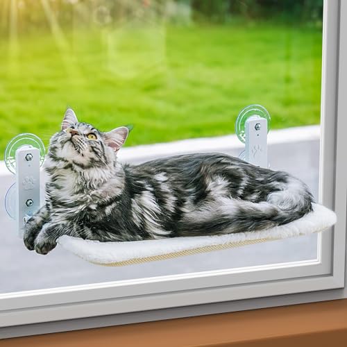 MEWOOFUN Katzen Hängematte Fensterplätze für Katzen 54x30cm Klappbar Katzenbett Fenster mit Stabil Saugnäpfe bis zu 18kg White