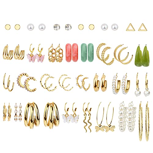 MILACOLATO 30 Paar Gold-Perlen-Ohrringe Set für Frauen Mädchen Boho-Creolen-Ohrstecker Drop-Dangle-Ohrringe Mode-Schmetterling Schlange Multipack Statement-Ohrringe Acryl-Creolen als Geschenk