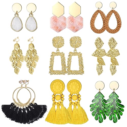 Finrezio 9 Paar Ohrclips Damen Ohne Ohrlöcher - Nicht Durchbohrte Clip Ohrringe für Statement Harz Acryl Tropfen Baumeln - Leichte Geometrische Creolen Ohrclip