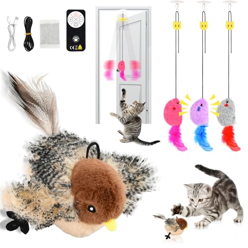 Mapille Katzenspielzeug Vogel Flattern mit Fernbedienung Katzenminze mit 3 piepsenden Mäusen Katzen Spielsachen mit Vogelruf Wiederaufladbar Interaktives Katzenspielzeug Berührungsaktiviertes