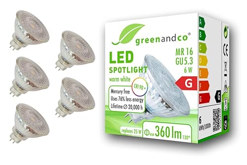 greenandco 5x CRI 90 MR16 GU5.3 LED Spot 6W 360 lm 3000K warmweiß 110 12V AC DC nicht dimmbar