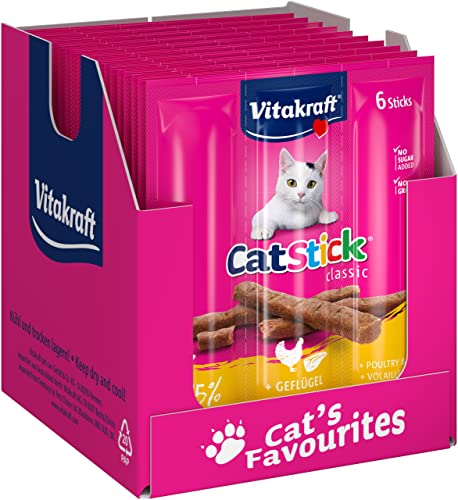 Vitakraft Cat Stick Classic Katzen Leckerli fleischiger Stick mit Geflügel und Leber Vorratsgröße ohne Zusatz von Zucker 10x 36g