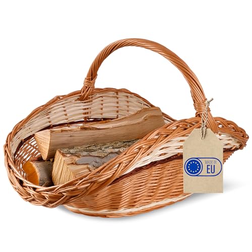 Creative Home Groß Holztrage Rattan Kaminholzkorb Kaminkorb Tragekorb 67 x 41 x 43 cm Aufbewahrung Oval Holzkorb Weidenkorb für Kaminholz Holz Braun Dick Weide Feuerholzkorb mit Streifen
