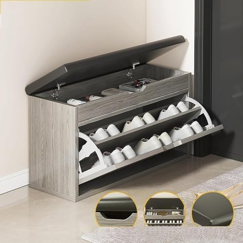 Schuhregal für Zuhause mit Klapptüren freistehend schmal mit Sitz stilvolle Schuhaufbewahrungslösung Größe 80 cm Hellgrau