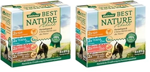 Dehner Best Nature Katzenfutter Multipack Nassfutter für ausgewachsene Katzen je 2 x Kalb Wild Huhn Kaninchen 8 x 85 g Beutel 680 g Packung mit 2