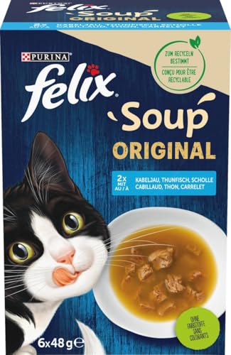Felix Katzennassfutter Soup Geschmacksvielfalt aus dem Wasser mit Kabeljau Thunfisch Scholl 8er Pack 6 x 48 g Portionsbeutel