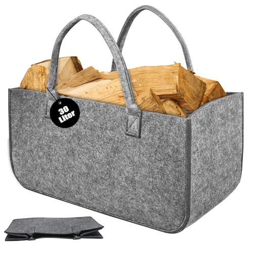 PEILU 2 Stück Filz Holzkörbe Tragbare Kaminholztasche mit Griff Faltbare Kaminholzkörbe Innen Außen 30L Vliesstoff Aufbewahrung Tasche für Brennholz Spielzeug Bücher Einkaufen Camping Grau