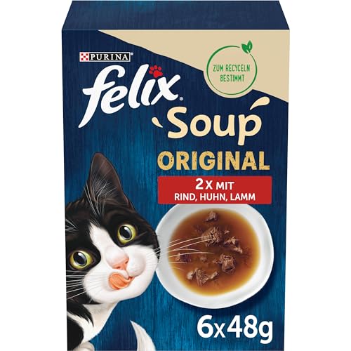 Felix Katzennassfutter Soup Geschmacksvielfalt vom Land mit Rind Huhn Lamm 8er Pack 6 x 48 g Portionsbeutel