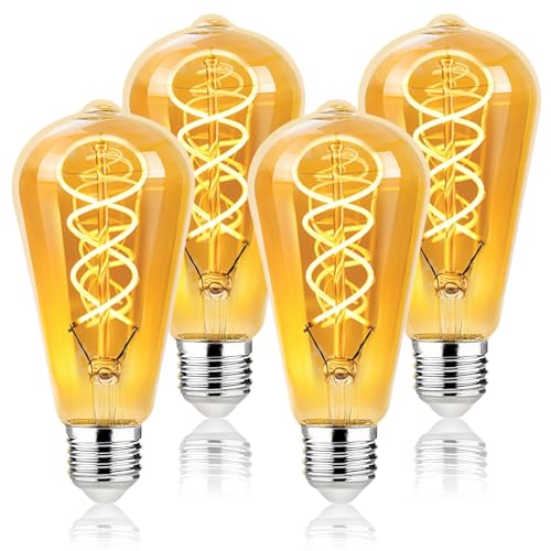 KEJIYILT E27 LED Vintage Dimmbar Edison Glühbirnen 4 Stück Warmweiß 2200K 4W 230Lm Rauchglas Gewundene LED-Filament 6x14CM Retro Industrial Dekorative Beleuchtung ST64-Gold