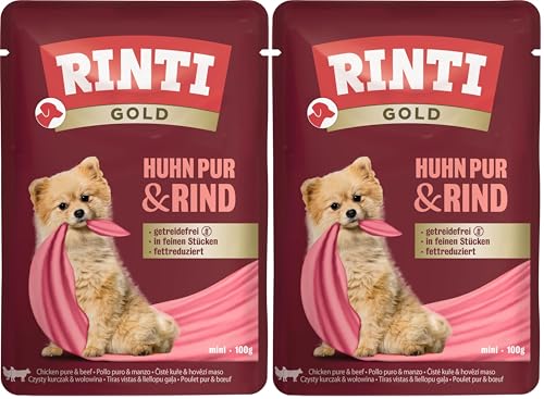 RINTI - Gold Leicht verdauliches Nassfutter für kleine ausgewachsene Hunde. Alleinfutter im Frischebeutel ohne Formfleisch Soja oder künstliche Zusätze 10x100g Huhn Pur Rind Packung mit 2