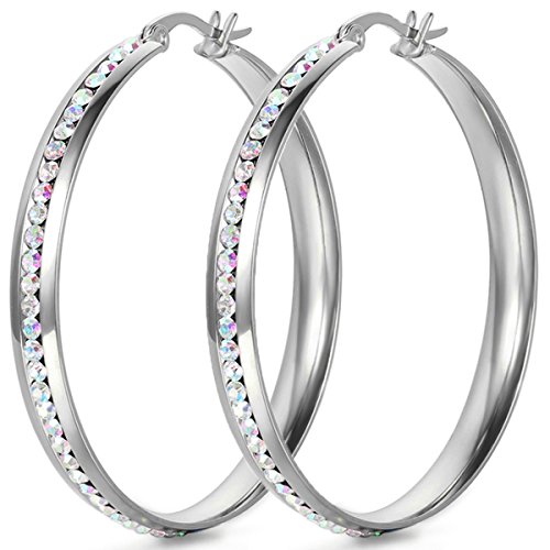 JewelryWe Schmuck Damen Ohrringe große Kreis Edelstahl Strass Linie Creolen Ohrhänger Durchmesser 45mm Silber