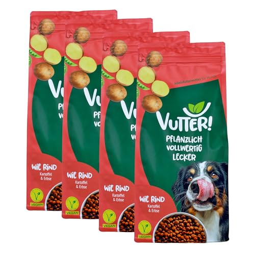 VUTTER Trockenfutter Wie Rind 4x1kg Hundefutter Vegan - Alleinfutter für Hunde - Hundetrockenfutter reich an Omega-3 Ballaststoffen mit Inulin MOS für Verdauung. Ohne Farbstoffe. Pflanzlich