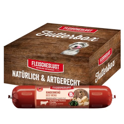 Fleischeslust Hundewurst Rindermenü mit Pastinake Haselnuss Seealge als Futterbox 6x800g Hundefutter Nassfutter-Wurst schnittfest getreidefrei