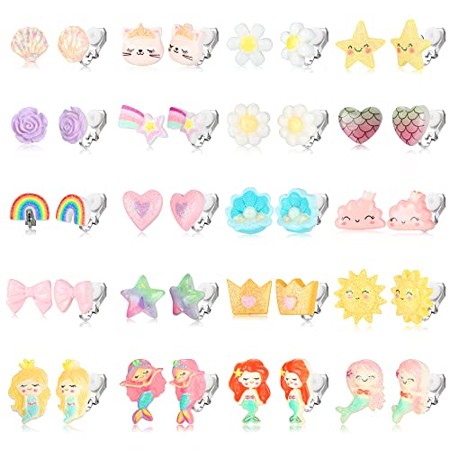 CASSIECA 20 Paare Clip On Ohrring Ohrclips für Mädchen Kinder Keine Durchbohrten Prinzessin Mädchen Geschenk Spielen Blume Herz Mädchen Verkleiden sich Schmuck