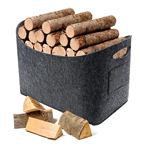 Filztasche Kaminholz Milduall Extra Große Filzkorb mit Griff 63L Holzkorb 53x40x30cm Faltbar und Verdickte Brennholzkorb Multifuktionale Aufbewahrungskorb für Einkaufen Spielzeug Zeitungen Kleidung