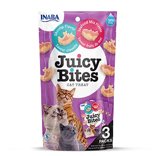 INABA Juicy Bites Leckerlies Knabbertaschen Saftigem Kern in Lustigen Formen Mundgerechte Katzensnacks Garnelen MeeresfrÃ¼chte Mischung 3x11g Packung
