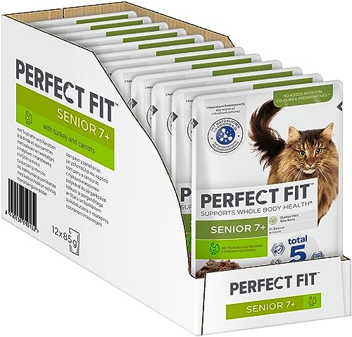 Perfect Fit Senior 7 Katzennassfutter mit Truthahn und Karotten 12 Portionsbeutel 12x85g Premium Katzenfutter nass für ältere Katzen ab 7 Jahren zur Unterstützung der Gesundheit