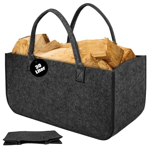 PEILU 4 Stück Filz Holzkörbe Tragbare Kaminholztasche mit Griff Faltbare Kaminholzkörbe Innen Außen 30L Vliesstoff Aufbewahrung Tasche für Brennholz Spielzeug Bücher Einkaufen Camping Dunkelgrau