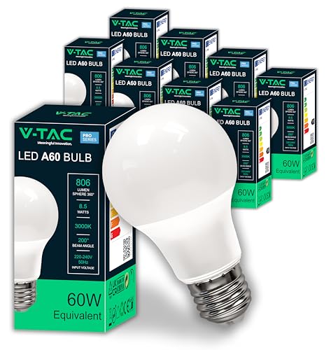 V-TAC 10x LED Glühbirne E27 - Hohe Effizienz 8 5W A60 Entspricht 60W Energiesparende Lampen der Neuen Generation 806 Lumen Licht Warmweiß 3000K